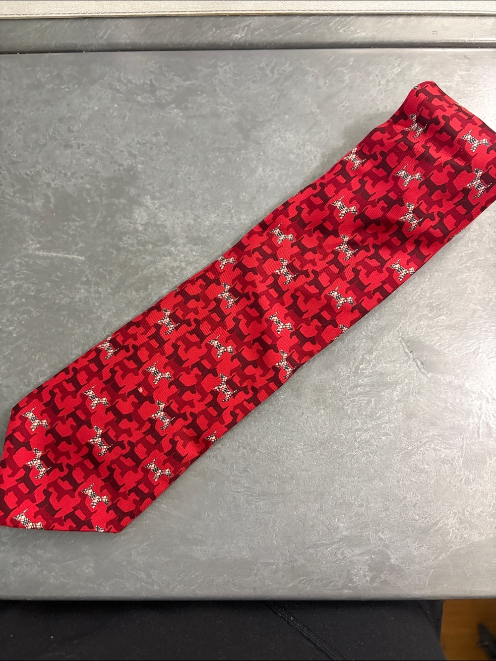 Burberry Red Houndstooth Novelty Tie with White Dog Motif